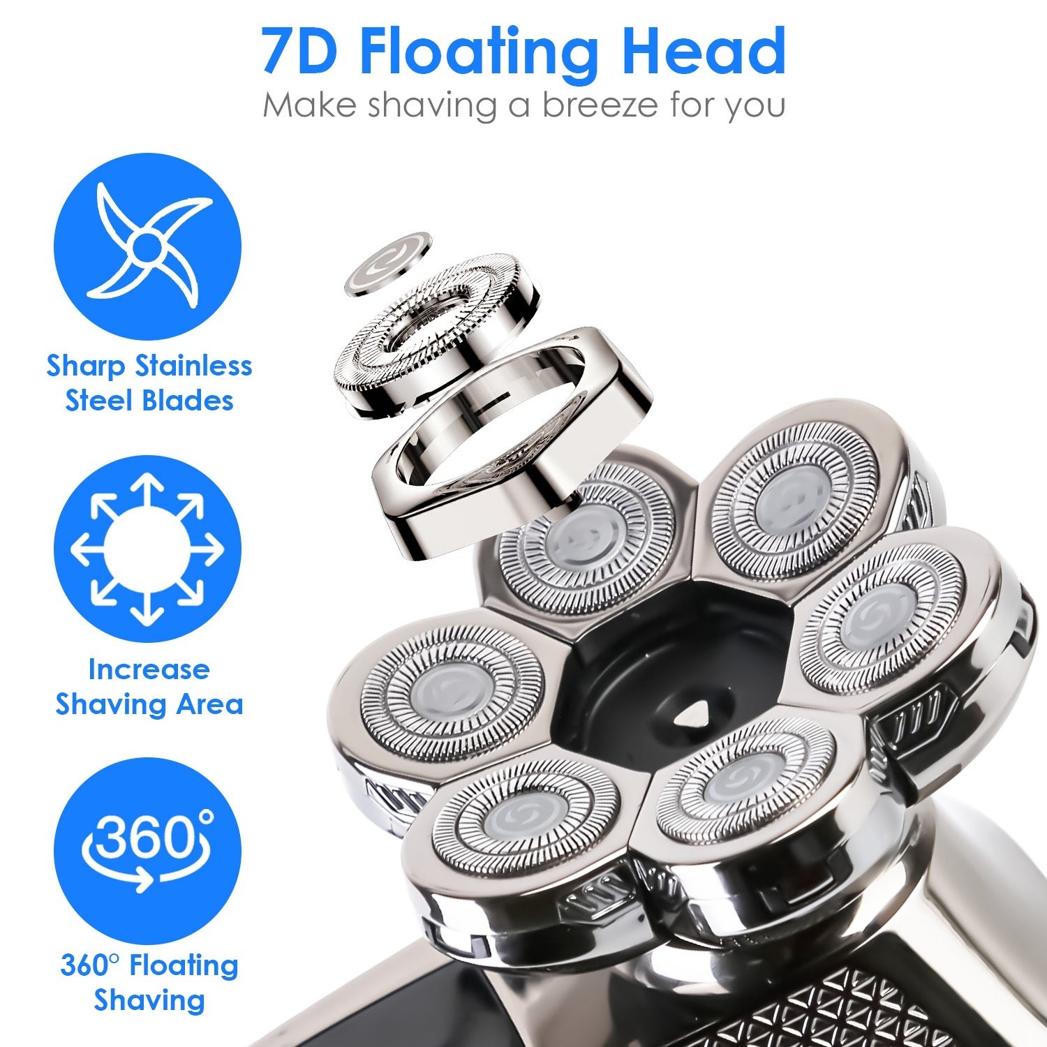 1Pc Head Shavers For Bald Men 5 In 1 7D Electric Rotary Razor Rechargeable Cordless Head Beard Trimmer Shaver Kit IPX6 Waterproof Dry Wet Grooming Kit With 3 Combs