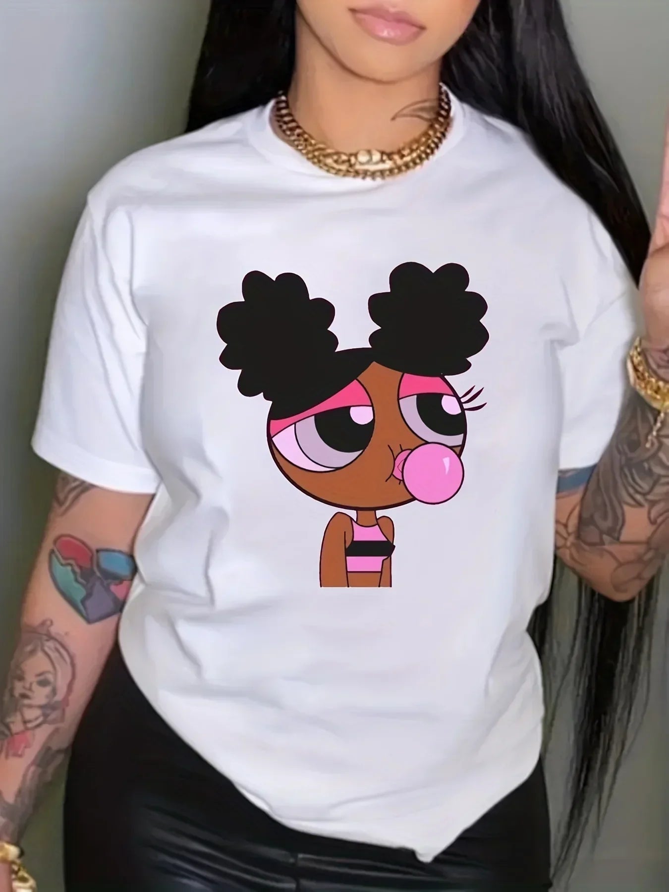 Cartoon Print Crew Neck T-Shirt, Casual Short Sleeve Top For Spring & Summer, Women's Clothing