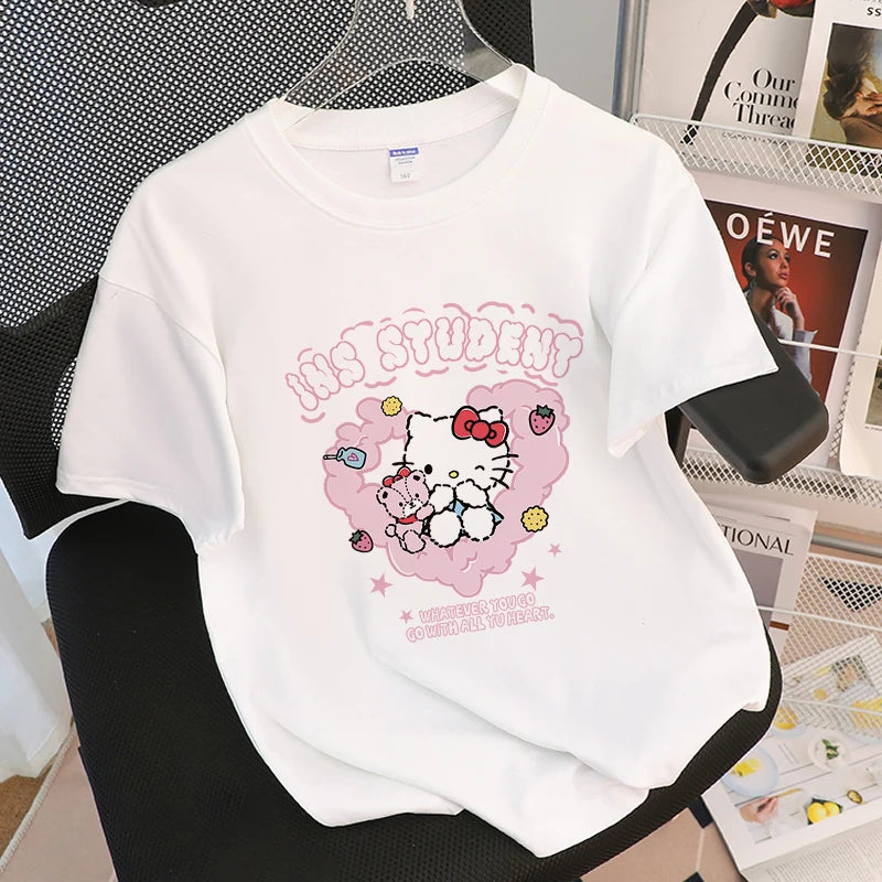 Hello Cat Love Cute Style Girl T-Shirts San Fitting T-Shirts Letter Loose Fitting T-Shirt Personality Leisure Short Sleeved