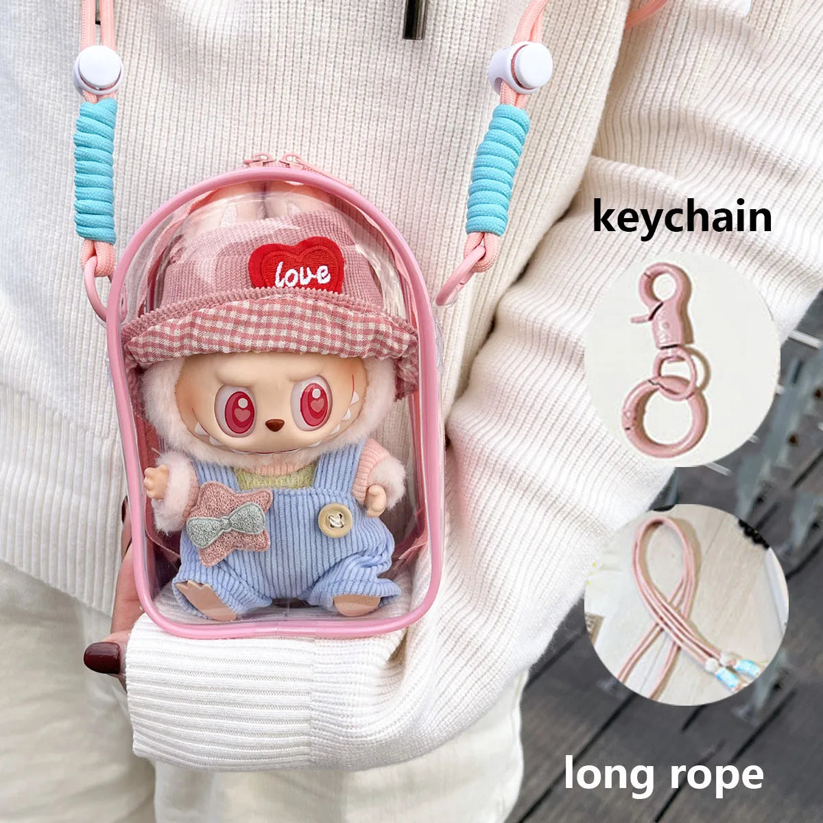 For 15cm Labubu V2 Sitting Party Cotton Doll Crossbody Pain Bag PVC Storage Bag Hairball Dolls Display Bag