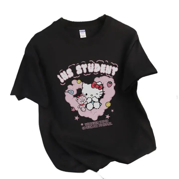 Hello Cat Love Cute Style Girl T-Shirts San Fitting T-Shirts Letter Loose Fitting T-Shirt Personality Leisure Short Sleeved