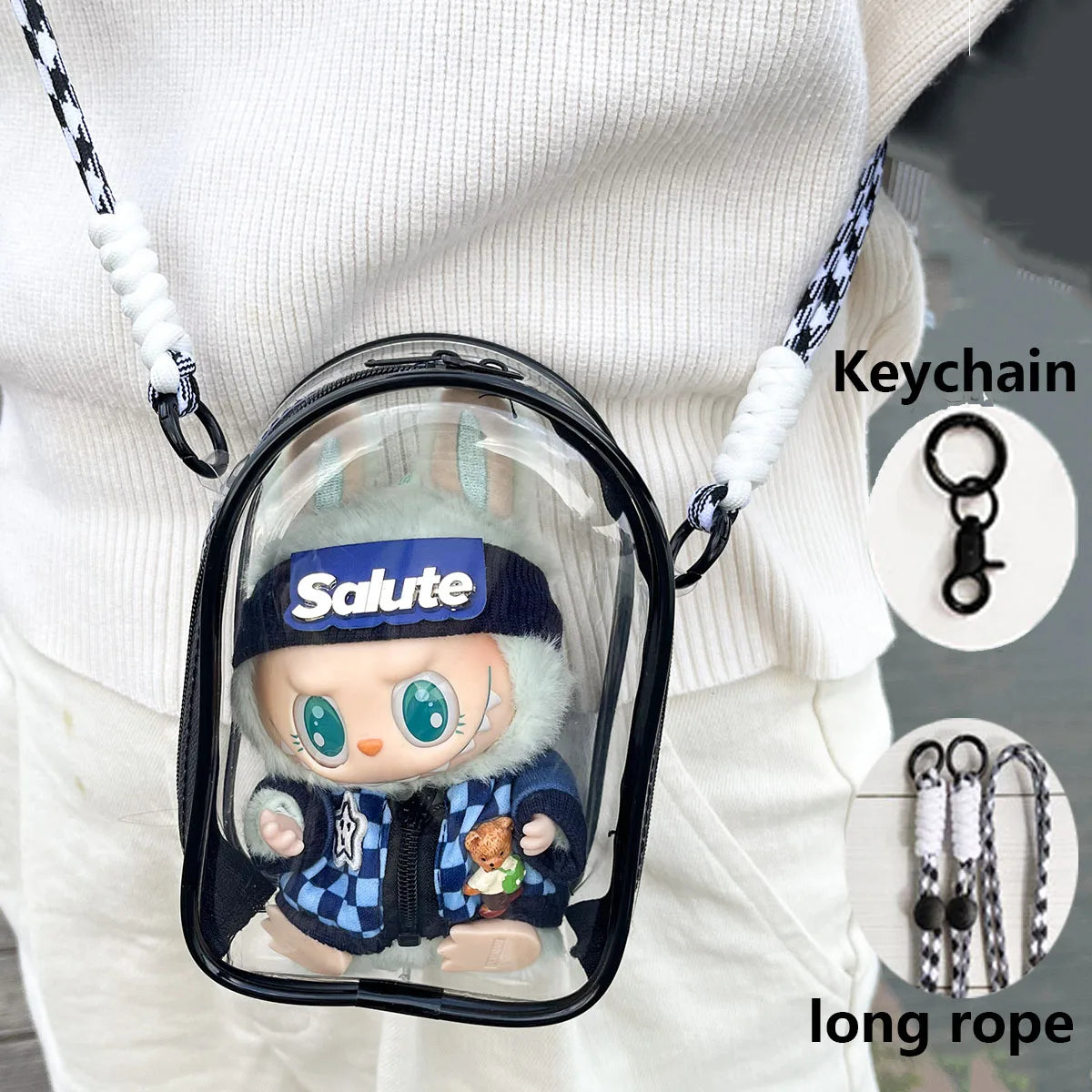 For 15cm Labubu V2 Sitting Party Cotton Doll Crossbody Pain Bag PVC Storage Bag Hairball Dolls Display Bag