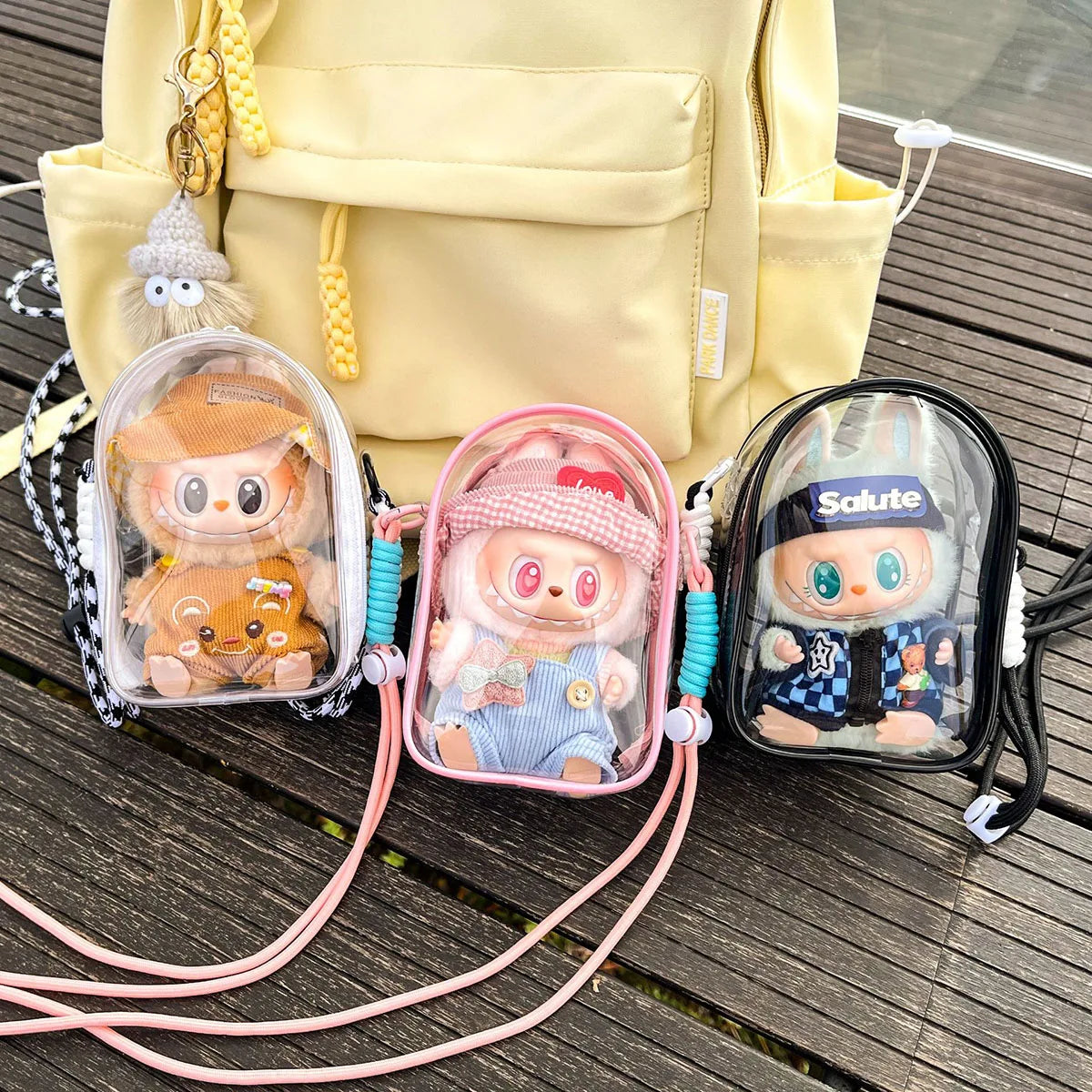 For 15cm Labubu V2 Sitting Party Cotton Doll Crossbody Pain Bag PVC Storage Bag Hairball Dolls Display Bag