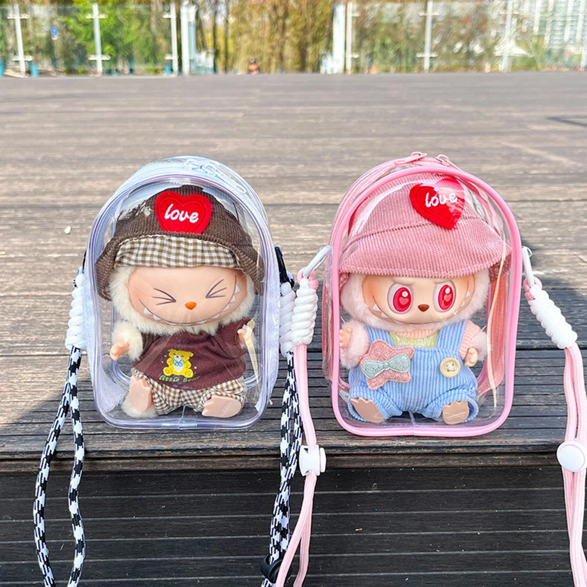 For 15cm Labubu V2 Sitting Party Cotton Doll Crossbody Pain Bag PVC Storage Bag Hairball Dolls Display Bag