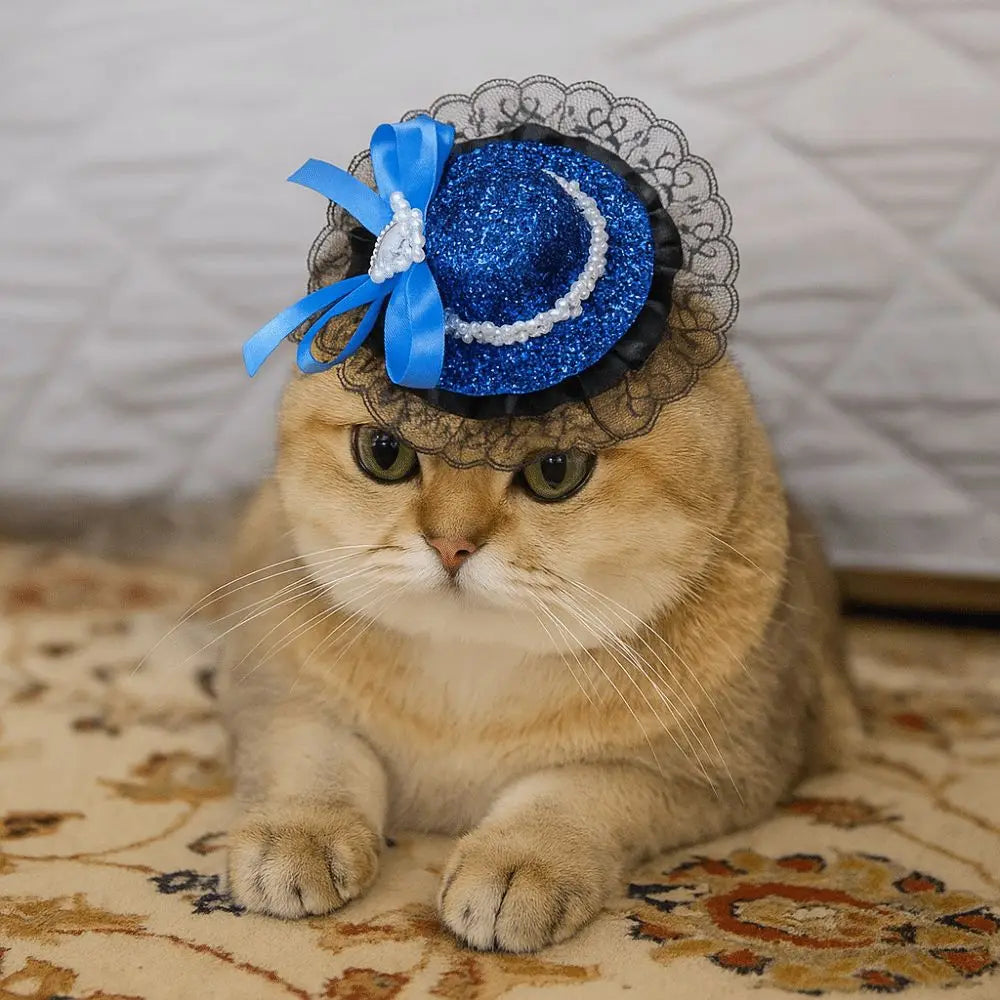 Pet Accessories Adjustable Pet Halloween Hat British Style Sequin Cat Lace Hat Elastic Band Pet Decorative Hat Pet Show