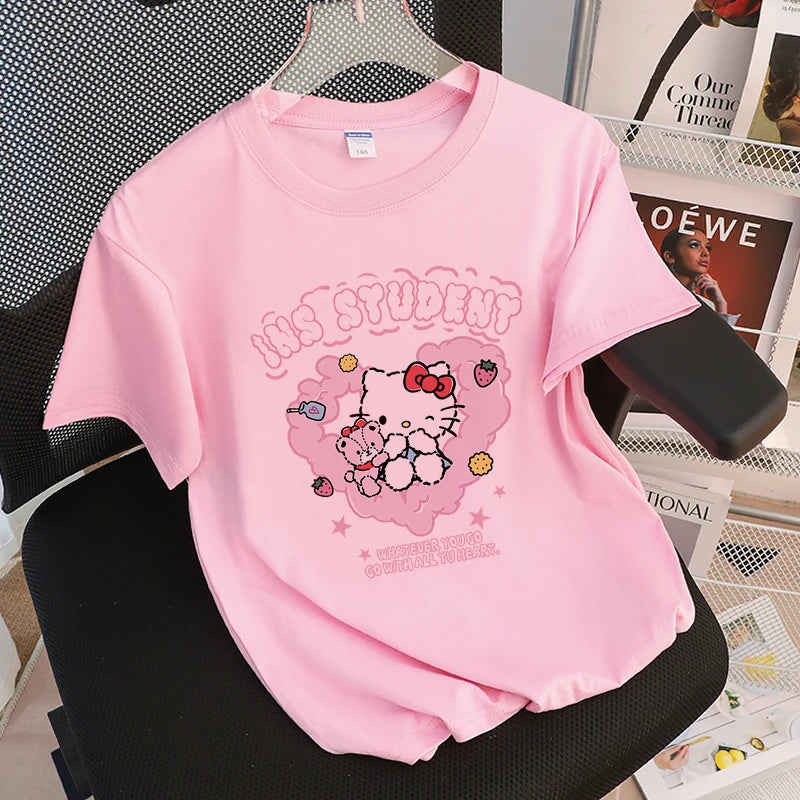 Hello Cat Love Cute Style Girl T-Shirts San Fitting T-Shirts Letter Loose Fitting T-Shirt Personality Leisure Short Sleeved