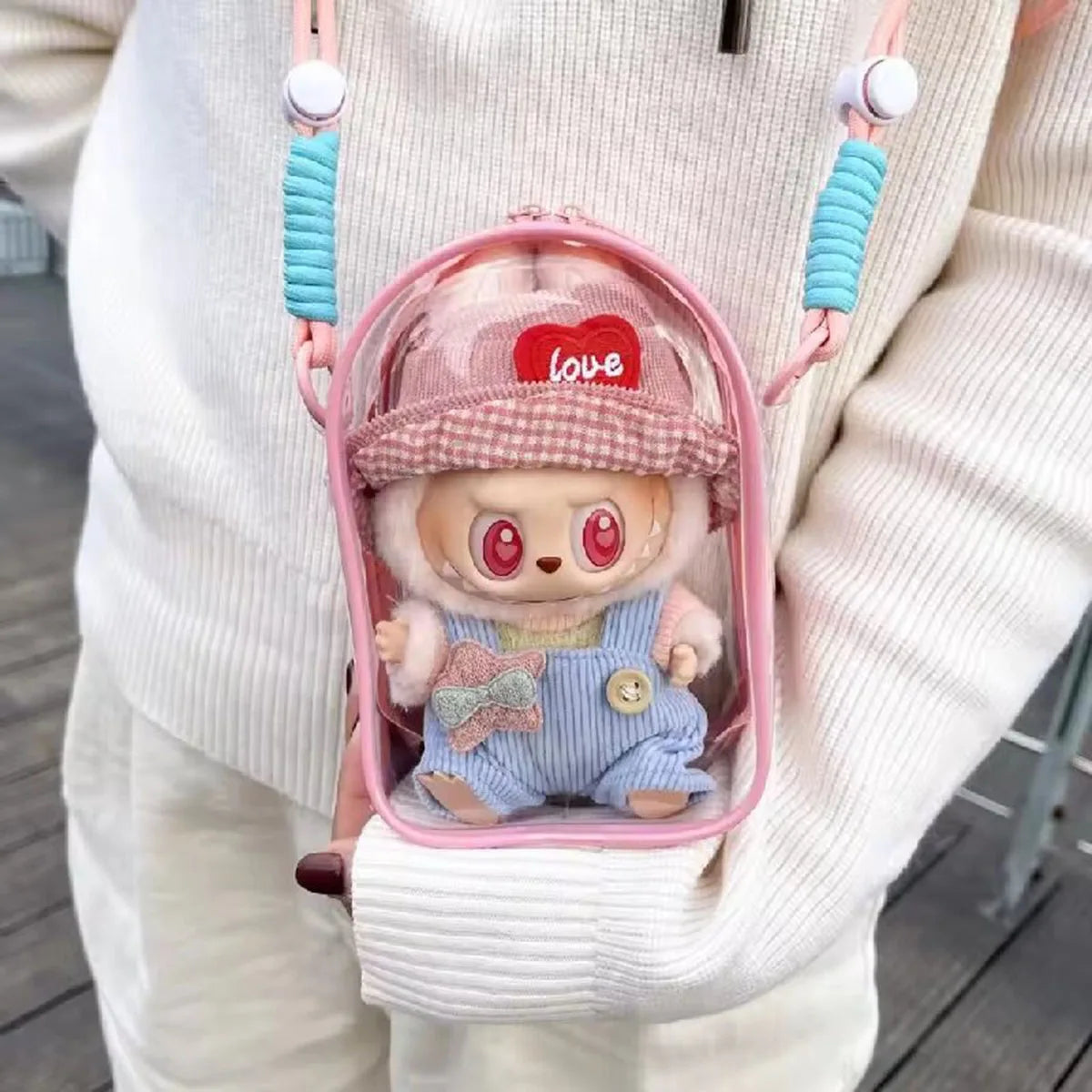 For 15cm Labubu V2 Sitting Party Cotton Doll Crossbody Pain Bag PVC Storage Bag Hairball Dolls Display Bag