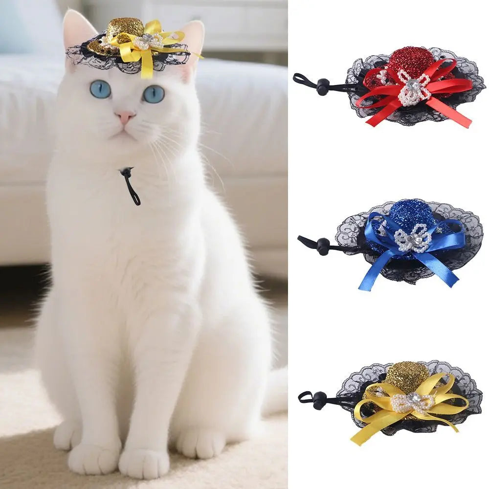 Pet Accessories Adjustable Pet Halloween Hat British Style Sequin Cat Lace Hat Elastic Band Pet Decorative Hat Pet Show
