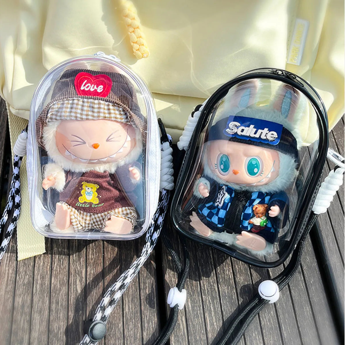 For 15cm Labubu V2 Sitting Party Cotton Doll Crossbody Pain Bag PVC Storage Bag Hairball Dolls Display Bag