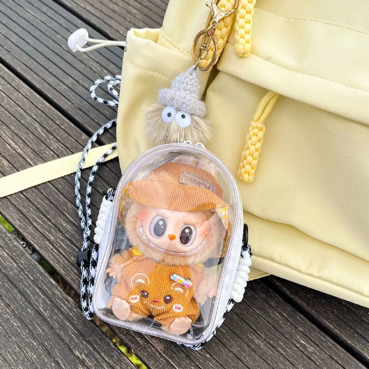 For 15cm Labubu V2 Sitting Party Cotton Doll Crossbody Pain Bag PVC Storage Bag Hairball Dolls Display Bag
