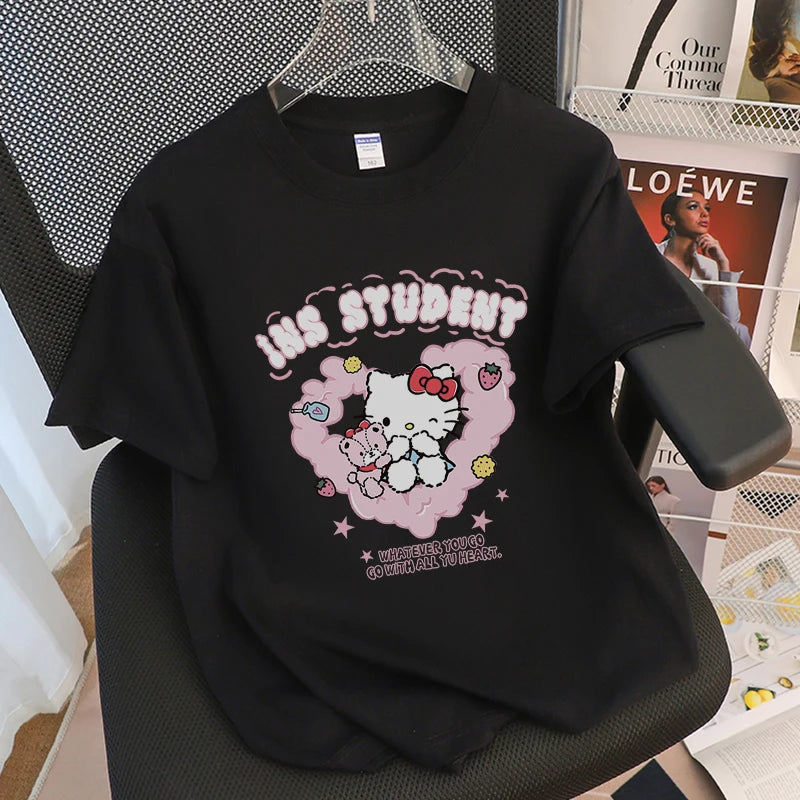 Hello Cat Love Cute Style Girl T-Shirts San Fitting T-Shirts Letter Loose Fitting T-Shirt Personality Leisure Short Sleeved