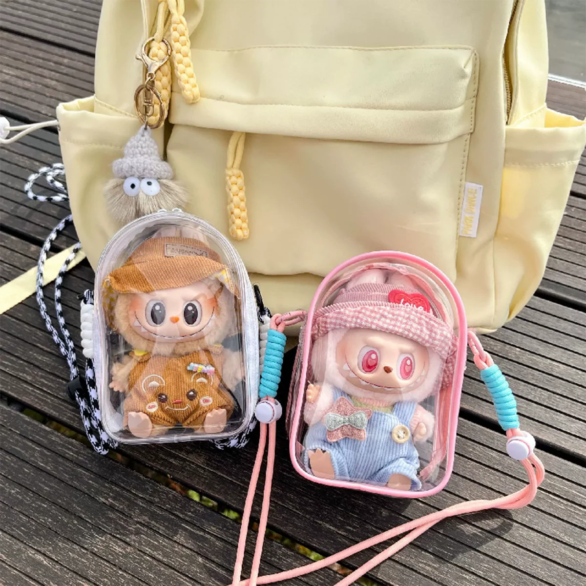 For 15cm Labubu V2 Sitting Party Cotton Doll Crossbody Pain Bag PVC Storage Bag Hairball Dolls Display Bag